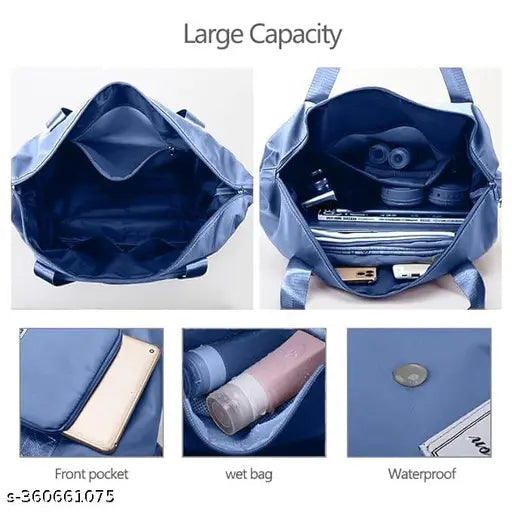 Solid polyester, waterproof, lightweight designer bag. Large capacity foldable travel duffle bag for ladies luggage. Internal waterproof compartment and portable design." (123 characters)