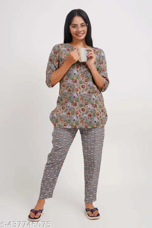 Women's beautiful floral printed rayon night suit with three-quarter sleeves, vibrant print on display