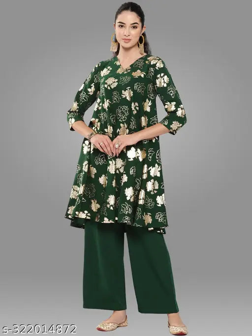 Bottle green crepe foil print short kurta with Palazzo by Janasya - Indian-made, A-line silhouette, 3/4 sleeve, V-neck style