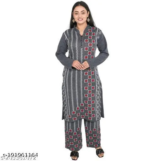 Grey wool women's Aishani kurta with palazzo set, perfect for winters in a long printed design