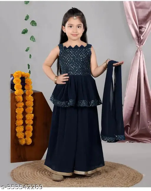 Georgette A-line palazzos with embellished dupatta - Indian girls festive wear, 2-3 years