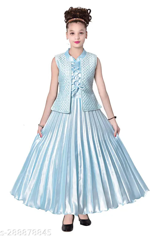Green satin frock dress for girls, sleeveless, printed net pattern, sizes 3-4 years to 11-12 years, Indian origin
