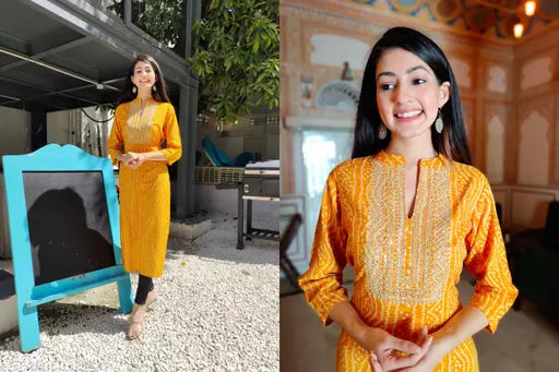 Rayon Bandhej Printed Jaipuri Kurtis - Three-Quarter Sleeve, Indian traditional women's dress with printed combo, breathable fabric for festive seasons