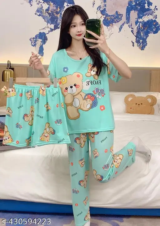 Classic cotton blend printed 3-piece T-shirt set with pyjamas and shorts for comfortable nightwear, Indian origin