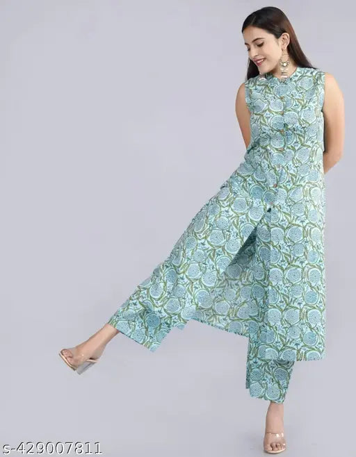 Magic Cotton printed net kurta set with palazzo bottoms, sleeveless and cotton cambric fabric