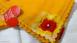 Yellow georgette Sibori Bandhni saree with embellished blouse, premium quality and mirrored work...and cutwork lace bodice. Indian-made free size (5.5m saree length, 0.8m blouse length)