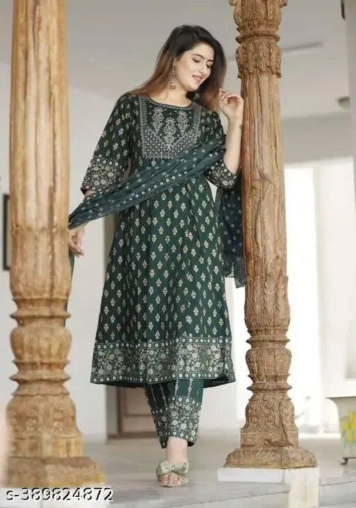 Embroidered Rayon Anarkali Kurta Pant & Dupatta Set, Indian women's fashion in rayon material with three-quarter sleeves