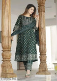 Embroidered Rayon Anarkali Kurta Pant & Dupatta Set, Indian women's fashion in rayon material with three-quarter sleeves