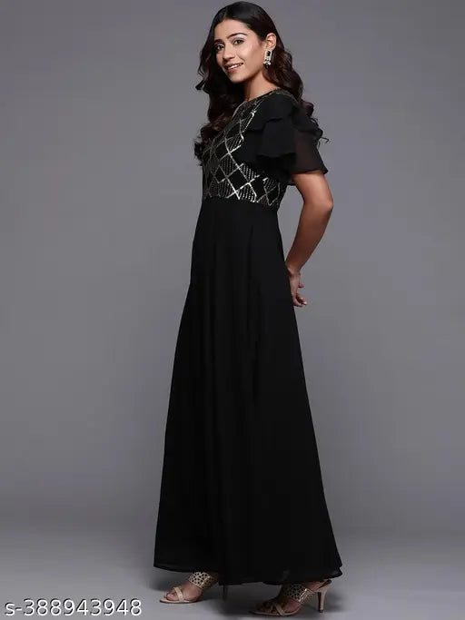 Black georgette maxi dress with round neckline, keyhole detailing, ruffled sleeves, and embellished sequins - ideal for festive occasions