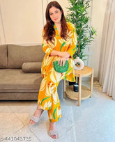 Yellow loose fit co-ord set, printed cotton top and bottom, long sleeves