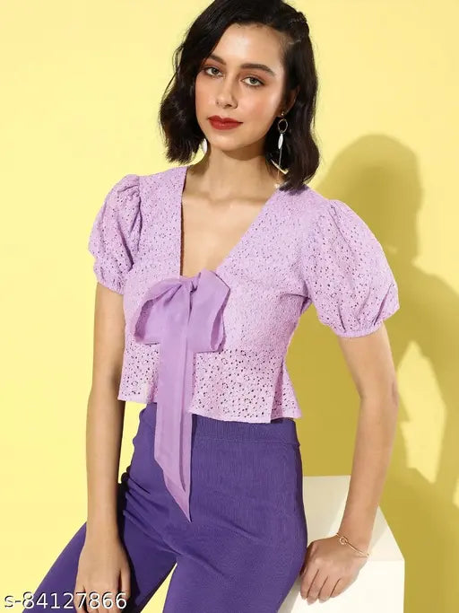 Mauve cotton self-design crop top with bow tie and short puff sleeves, Style Quotient Women's clothing from India