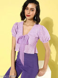 Mauve cotton self-design crop top with bow tie and short puff sleeves, Style Quotient Women's clothing from India