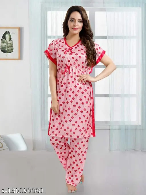 Berry Print Satin Kaftan top and Pyjama Set - soft satin night suit for comfortable loungewear, leisurewear, or sleepwear (XL, XXL), India-made with care instructions provided