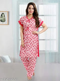 Berry Print Satin Kaftan top and Pyjama Set - soft satin night suit for comfortable loungewear, leisurewear, or sleepwear (XL, XXL), India-made with care instructions provided