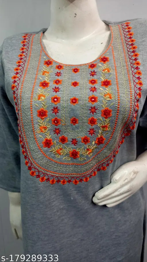 Stylish grey camellia embroidered wool kurti for women (XL, 42in bust, 42in length) - perfect for day wear or weddings, made in India