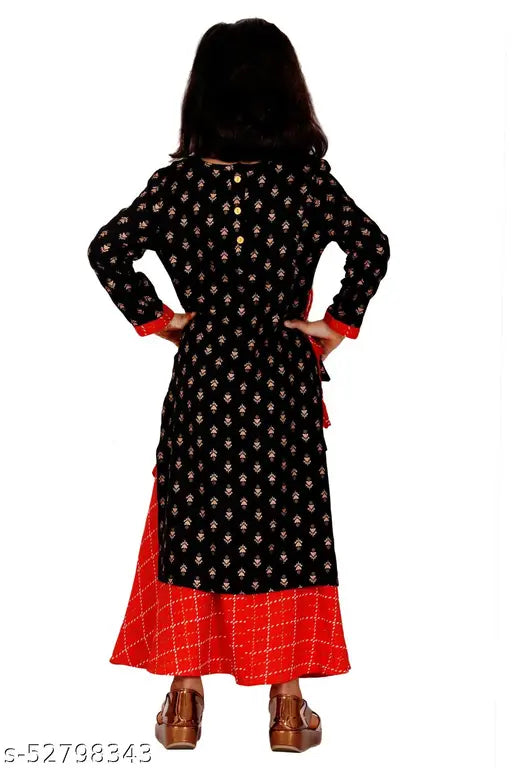 Black rayon ethnic kurta sharara set for kids, printed with red accents, three-quarter sleeves and calf length, made in India