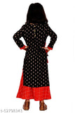 Black rayon ethnic kurta sharara set for kids, printed with red accents, three-quarter sleeves and calf length, made in India