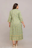 Green rayon maxi dress by Fashion Zest, featuring three-quarter sleeves and a printed combo design. Ideal for plus-size women seeking stylish, trendy garments. Made in India