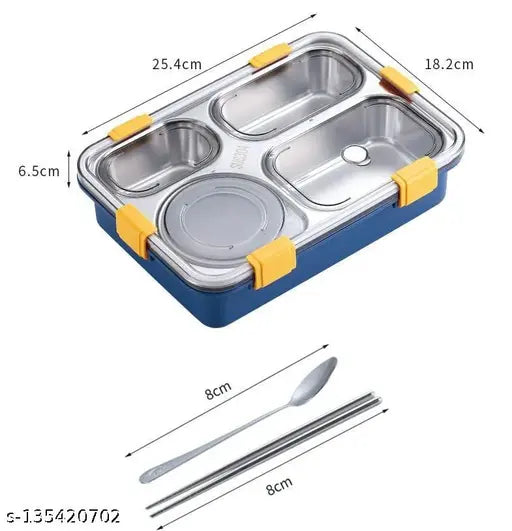 Multicolor stainless steel lunch box for adults & kids, airtight 4-compartment food storage container, microwave safe with cutlery included