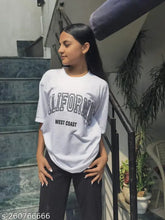 Large cotton California oversize t-shirt with printed design, stylish loose fit for women and girls