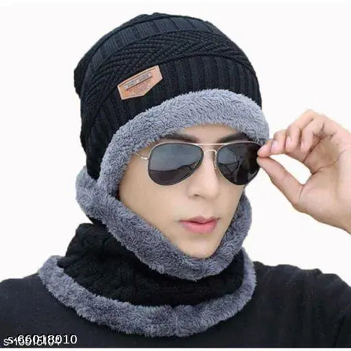 Ravishing Men caps, wool beanie/skull cap & muffler combo - unique knit style with faux fur lining, suitable for winter, made in India