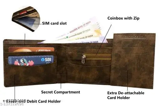 Brown faux leather bi-fold men's wallet with 7 ATM card slots, textured pattern, and 5 compartments. Perfect for everyday use or gifting occasions. Handcrafted in India