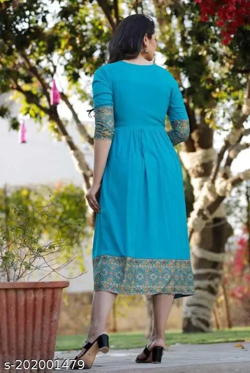 Rayon A-Line kurti, trandy sky blue border print on solid background, S (36in bust), M (38in bust), L (40in bust), XL (42in bust), XXL - Indian fashion clothing