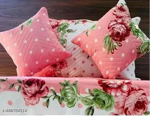 Multicolor floral embroidered cotton bedsheet set (1 bedsheet, 2 pillow covers, 2 cushion covers) for double queen size, ideal for adults during summer