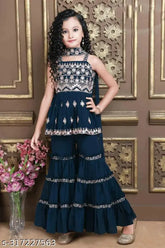 Sapphire Symphony A-line Georgette Kurta & Sharara Affair for girls, printed, sleeveless, trendy Indian outfit with dupatta, floor length, 1-15 years