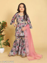 Printed cotton kurta sharara with dupatta set for kids baby girls, comfortable ethnic wear in traditional Indian designs, perfect for family occasions and festivals like Diwali, Holi, Raksha Bandhan, Navratri, Pooja, Christmas, Onam, Ganesha, and gifting. Made of quality cotton material that lasts even after multiple washes