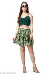 Green chiffon floral mini skirt, printed net, flared, above knee, new trend for women's fashion (size 26/waist 26in, length 17in, hip 36in)