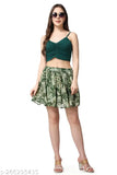 Green chiffon floral mini skirt, printed net, flared, above knee, new trend for women's fashion (size 26/waist 26in, length 17in, hip 36in)