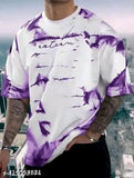 Purple cotton short sleeves printed t-shirt, size S on model