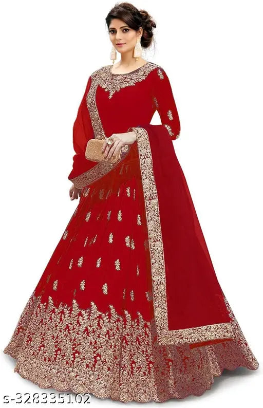 Embroidered silk blend semi-stitched Anarkali gown, free size with long sleeves, Indian craftsmanship