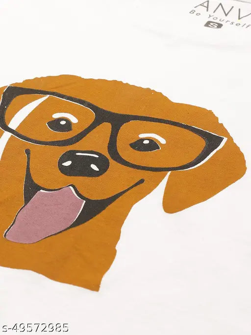 White printed crop t-shirt by ANVI, stylish cotton three-quarter sleeves with 'Be Yourself' motif. XS-XL sizes available for purchase