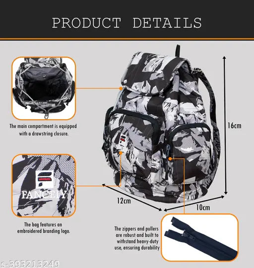 Black and white textured polyester medium girls backpack for school, college, or casual use. Ample space with main compartment and multiple pockets. Durable waterproof material and adjustable shoulder strap for comfort. Perfect for everyday carry. Made in India. (12"L x 16"H x 11"W)