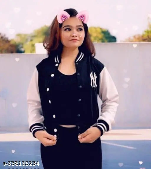 Black wool Kids Girls Full Sleeves Solid NY Jacket, printed with NY.PEACH design, on a hanger. Available in various sizes (8-9, 9-10, 10-11, 11-12, 12-13, 13-14, 14-15, 15-16 years), made in India