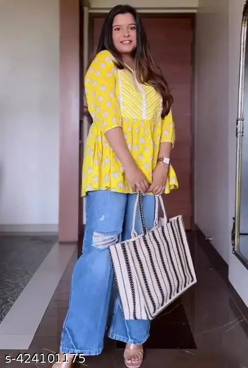 Yellow rayon short kurti for summer, three-quarter sleeves, printed pattern, women's top