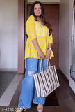 Yellow rayon short kurti for summer, three-quarter sleeves, printed pattern, women's top