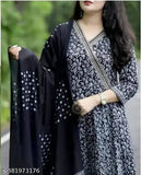 Black premium rayon Anarkali embroidery kurta set with pant and cotton dupatta - Indian women's fashion outfit on mannequin