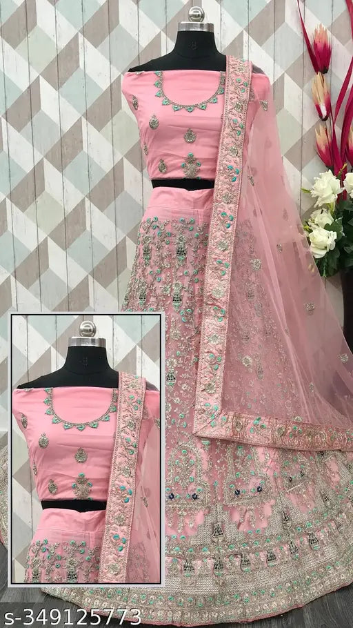 Designer pink net lehenga choli set with dupatta and semi-stitched blouse, embroidered Indian ethnic wear for parties or weddings. Free Size, 2.5m dupatta length, best quality