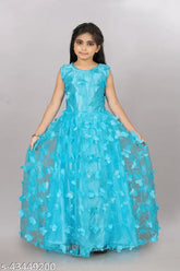 Aqua blue net frock for girls (2-12 years), embellished with butterflies, hand-washable, made in India
