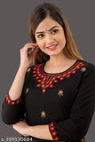 Black rayon solid embroidered kurta with three-quarter sleeves, ideal for Indian women's fashion