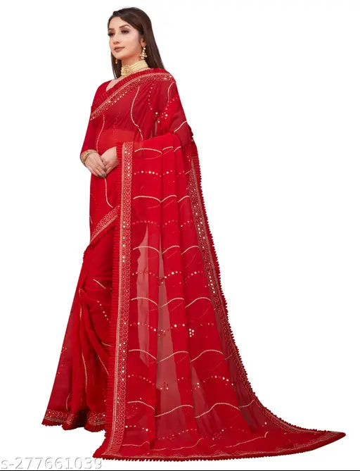 Georgette embroidered lace sari with separate blouse piece, timeless elegance in sequins and satin silk
