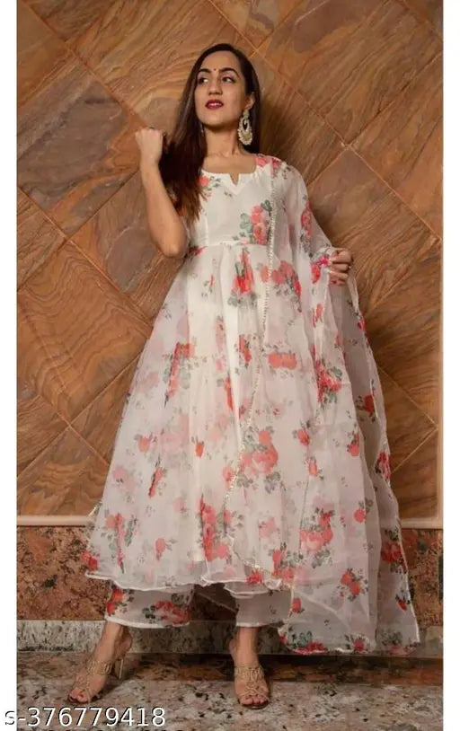 Georgette round neck long sleeve mill printed dress with net dupatta, casual-formal for office parties and weddings