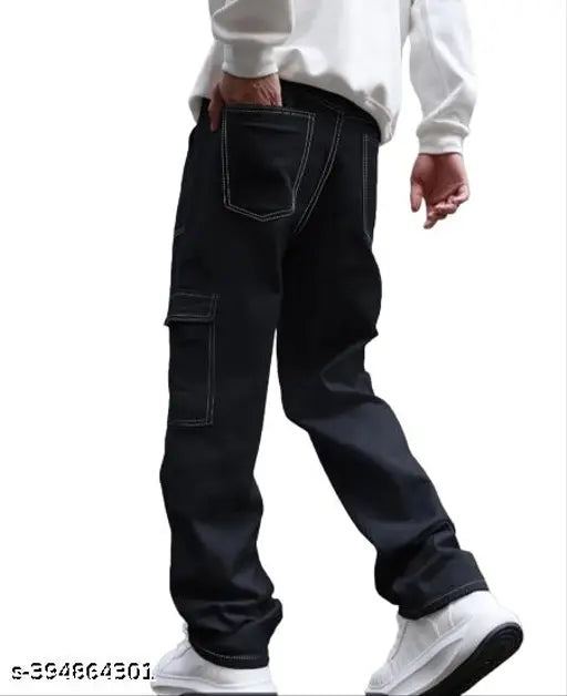 Oversized black cotton blend cargo pants with white contrast for men, explorer-friendly fit