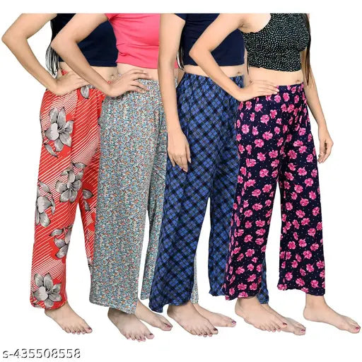 Soft polyester maxi length 37'' women's lower pyjama combo set (4), elasticated waistband for sleepwear/night wear/yoga wear, India origin