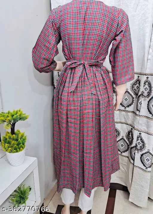 Woolen checked design frock kurti for winter, three-quarter sleeves, maroon color, comfortable daily wear