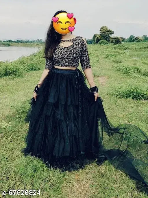 Bansuri Fab satin lehenga-choli set with net bottom and dupatta, embroidered top, ruffle and lace print, free size (45 in waist, 43 in length, 2 m dupatta)