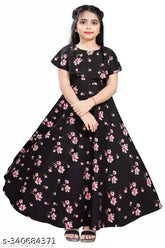 Girls black floral print flared maxi dress, crepe fabric, short sleeves, knee-length skater/A-line style, printed pattern, modern design, handcrafted western dress, made for 6-13 year-olds